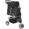 3 Wheels Foldable Pet Stroller Dog Cat Jogger Stroller Travel Carrier Strolling Cart w/Waterproof Cover Storage Basket Cup Holder & Removable Liner, Black