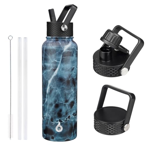 Image of BJPKPK Insulated Water Bottles with Straw Lid, 40oz Stainless Steel Metal Water Bottle with 3 Lids, Reusable Thermo, Keep Cold Hot for Sports, Gym-Ocean