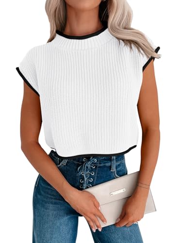 Womens Cap Sleeve Crop Tops Summer High Neck Contrast Color Sweater Vest Ribbed Knit Sleeveless Tank Top