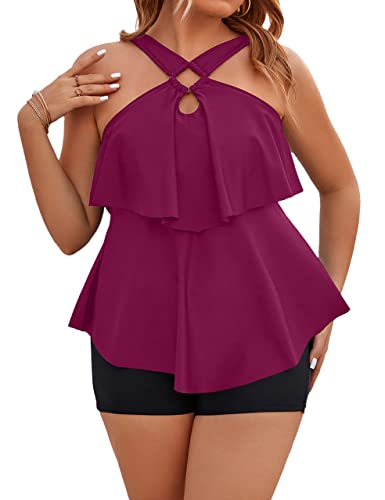 Blooming Jelly Womens Plus Size Swimsuits Two Piece High Waisted Bathing Suits Tankinis With Boy Shorts(X-Large,Red) #TOP18