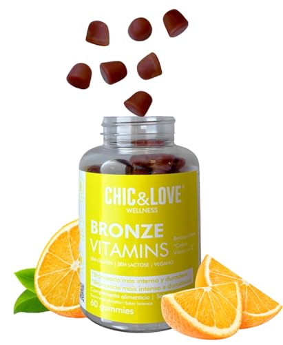 CHIC & LOVE | Gominolas para un Bronceado Más Intenso Y Duradero | Con Betacaroteno, Cobre, Vitamina C, Vitamina E Y Licopeno | SIN Gluten, SIN Lactosa | Apto Veganos | Sabor Naranja | 60 Gominolas