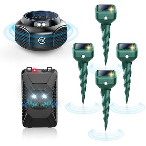 Mole Repellent Solar Powered -4 Pack, Mouse Repellent Ultrasonic Plug in -1 Pack, Car Rodent Repeller Under Hood -4 Pack Cover