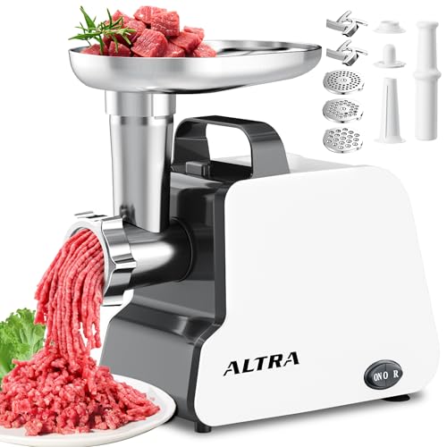 Altra Life Electric Meat Grinder, 2300W Max, Heavy Duty Sausage Stuffer with 2 Blades, 3 Grinding Plates, Sausage Tube & Kubbe Kit, Home Kitchen Meat Mincer with Handle (White)