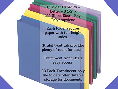 1Intheoffice Poly File Jacket File Folder, Letter 1" Expanding File Jacket, 20-Pack, Assorted #TOP1