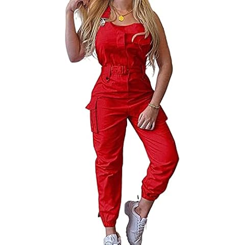 Mugoebu Women's Casual Dungarees with Waistband Overalls with Pockets, red, XXXL Cover