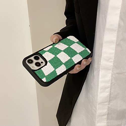 Tewwsdi Green Checkered Phone Case Compatible With Iphone 14 6.1Inch 2022 Release Checkerboard Chessboard Slim Soft Tpu Bumper +Terry Velvet Fluffy Warm Material Protective Cover(Green Checkers) #TOP4