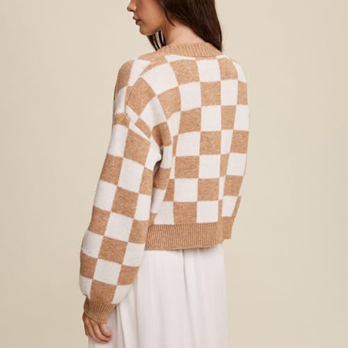 Womens Checkered Crop Cardigan V Neck Long Sleeve Button Down Knit Sweater Casual Streetwear4