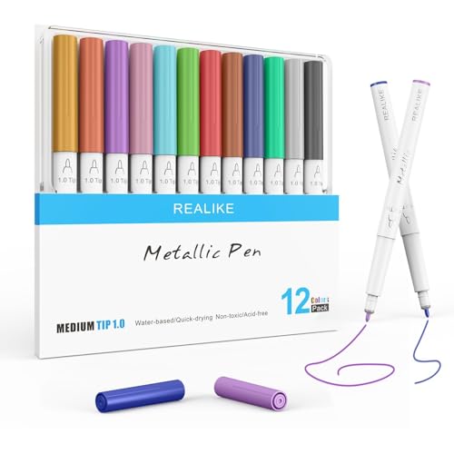 Image of REALIKE Metallic Pens for Cricut Maker 3 /Maker 4 /Maker /Explore 3 /4 /5 /Air 2 /Air, Multicolor Marker Pens Set of 12 Pack Drawing Coloring Pens Compatible with Cricut Machine (1.0 Tip)