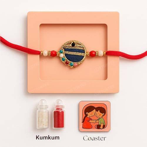 Image of King Kalai Rakhi for Brother with Coaster, Kumkum & Chawal | Traditional Beaded Thread Rakhi with Royal Kalai Thread | Raksha Bandhan Gift Hamper