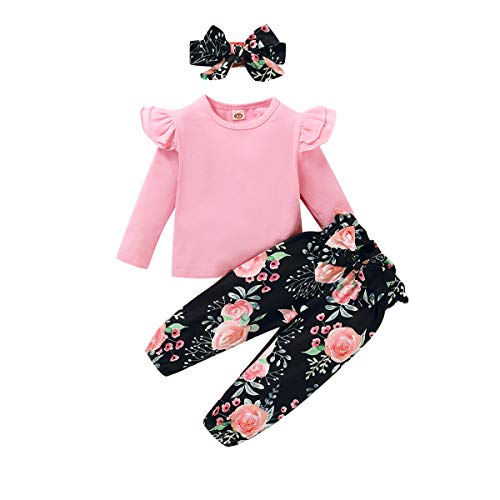 3Pcs Toddler Girl Clothes,Solid Color Long Sleeves Ruffle Top+ Floral Pant +Floral Headband Pink