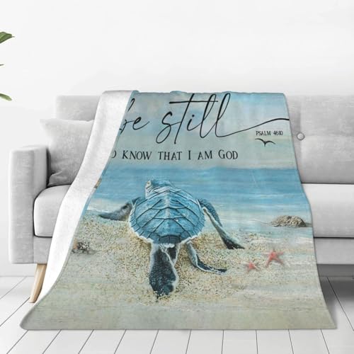 Beach Turtle Blanket Sea Turtle Decor Throw Blanket Be Still and Know That I Am God Christian Blanket Gifts for Men Women Warm Soft Plush Fleece Flannel Blanket Bedding Blanket for Kids Adults 80"X60"