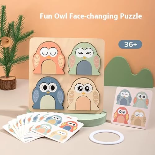 Image of Lefan Montessori Wooden 3D Cute Owl Face Changing Puzzle for Kids Emotional Expression Matching Game with 10 Double-Sided Question Cards Educational Wooden Toy for Preschool Boys Girls Ages 3-6