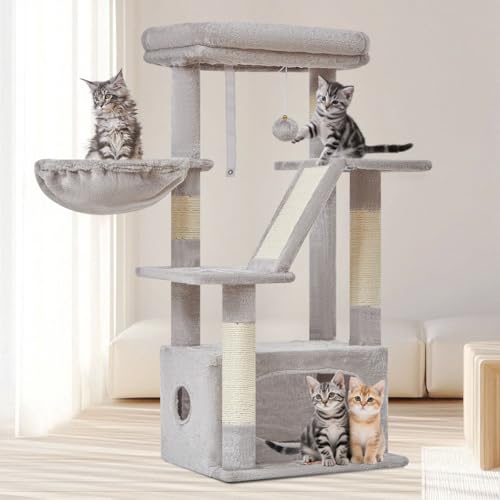 Taoqimiao Arbre a Chat, 97cm Arbre à Chat Stable avec 4 Griffoirs, Condos Spacieux pour Chats, Plateforme Souple, Panier pour Matou, Gris Clair MS029SW