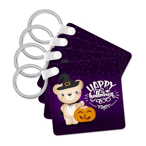 3dRose, Halloween Teddy Bear Witch for Kids Trick or Treat Pumpkin, set of 4 Key Chains