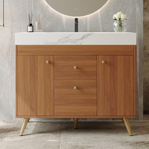 GDFStudio 36" Modern Bathroom Vanity with Sink, Freestanding Cabinet with Sintered Stone Top, Ceramic Basin, Double Side Cabinets & Center Drawers, Stainless Steel Legs, Storage Vanity, Walnut,White by GDFStudio - Used condition - US$588.21
