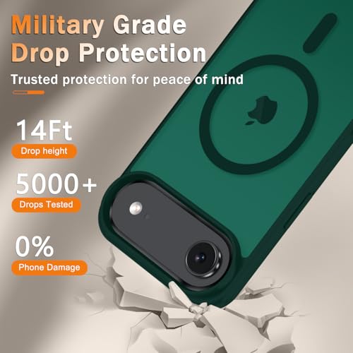Image of YENAPOON for iPhone Air Case, Matte Magnetic Phone Cover [with 1 Screen Protector] [Support for MagSafe] [Shockproof Military Grade Protection] Translucent Frosted Back, Dark Green