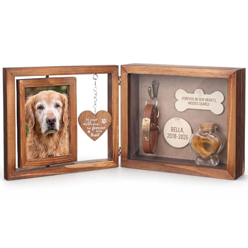 Threehoney Presente memorial de cachorro para perda de animal de estimação moldura de madeira giratória para foto de 10 x 15 cm, placas de madeira - presente de simpatia para cachorro gato luto