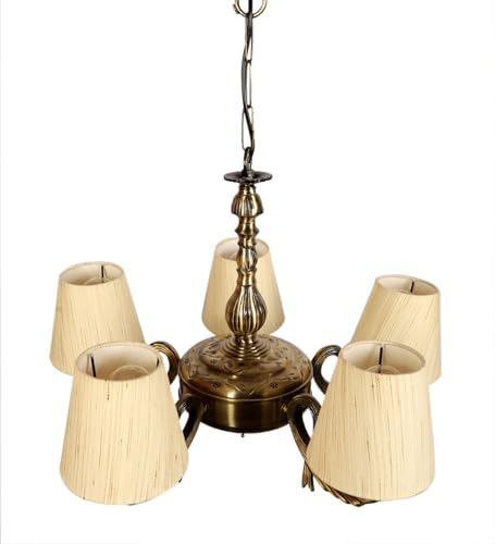 Image of Devansh 05-Light Conical Off-White Cotton Shade Chandelier - Antique Golden Finish | Adjustable Cord | Warm Glow Lamp - Ceiling Light for Living Room, Dining Area, Bedroom & Entryway Decor - D9