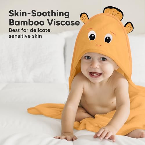Image of KeaBabies Hooded Baby Towel for Newborn, Baby Bath Towels(Clownfish, 35x35) | Viscose Derived from Bamboo, Large Baby Towels with Hood, Boys, Girls, Toddler, Soft Absorbent Baby Bath Essentials
