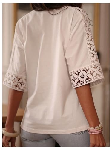 GORGLITTER Women's Embroidered Lace Boho Tops Half Sleeve Crop Crewneck Hollow Out Tee Shirts3