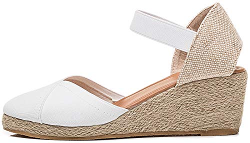 U-lite Women's 3" Elastic Band Ankle Strap Round Closed Toe Espadrilles Wedges Heel Sandals2