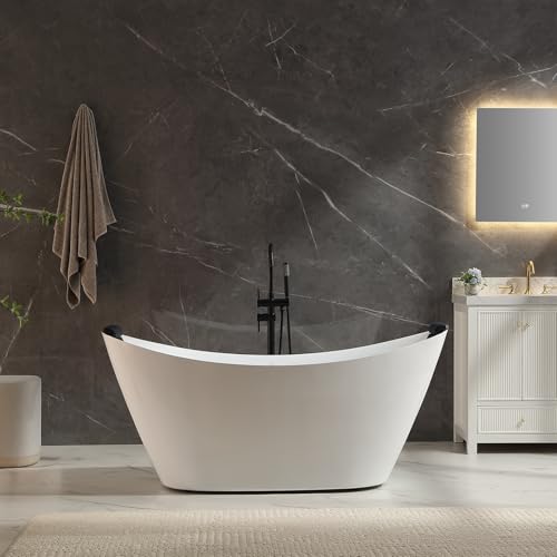 Empava Upgrade Acrylic Whirlpool Bathtub, 67-Inch Freestanding Boat Shaped Jetted Bathtub with Healing Chromotherapy, 18 Hydromassage Jet, Double-Ended Massage Bathtub with Two Black Pillows