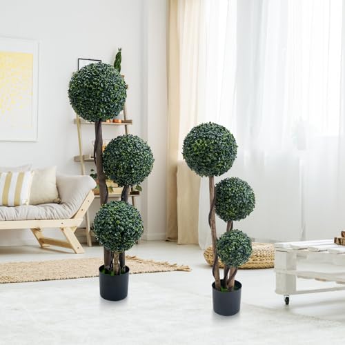Artificial Topiary Ball Tree Indoor and Outdoor, 35 Inch Faux Boxwood Plants Topiary Triple Ball Tree Milan Grass Ball Trees for Porch or Garden Home Decor, 1 Pack