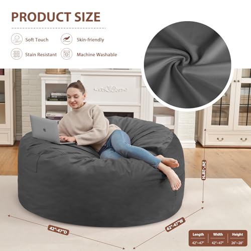 4FT Bean Bag Chair, Large Bean Bag Chairs with Memory Foam Filled, Fluffy Beanbag Sofa with Dutch Velvet Cover, Round BeanBag Chairs for Living Room, Playroom - Grey