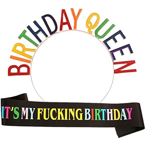 LABJULY Birthday Queen Headband Tiara Sash Set Multi-colored Crown Happy Birthday Queen Crown for Woman & Girls Birthday Princess Crown Colorful (Birthday Queen) Cover