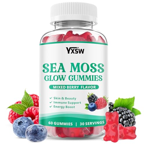 YXSW Sea Moss Glow Gummies with Bladderwrack and Burdock Root- Vegan Irish Sea Moss Supplement for Energy & Immune Support, SeaMoss Gummies for Women and Men, Sugar Free, Non-GMO