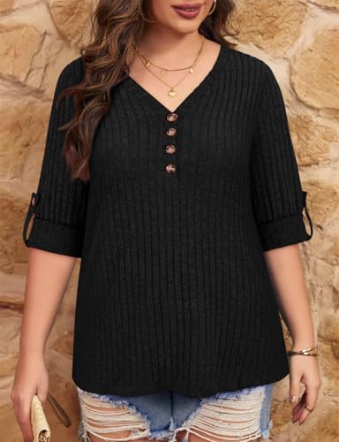Image of Koscacy Women Plus Size V Neck 3 /4 Roll Sleeve Sweater Casual Knit Tops Solid Color Blouses