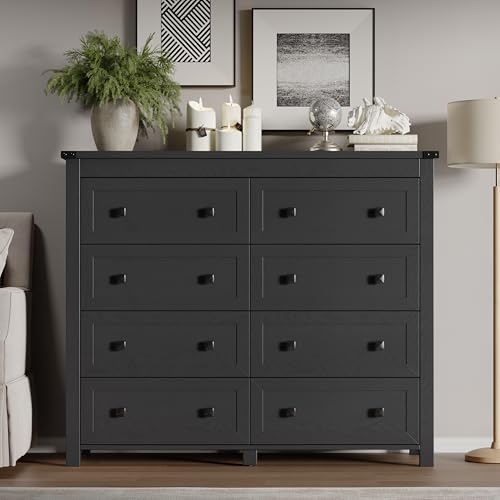 Image of BORNOON Tall 8-Drawer Dresser, Modern Wooden Storage Chest of Drawers, Dresser TV Stand, Wood Drawer Organizer with Metal Handles for Bedroom, Living Room, Hallway