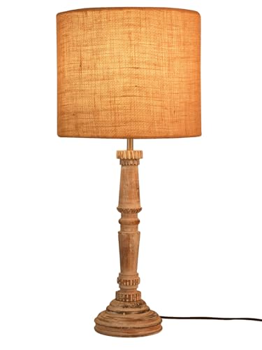 Image of Green Girgit Empire Wooden Lamp in Distress White Color with Jute Brown Lamp Shade, Reading & Bedside Table Lamp, Home & Living Room Decor