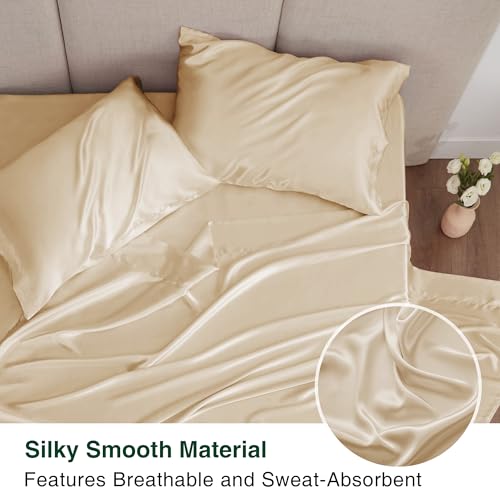 Love's cabin California King Satin Sheet Sets - 4 Piece Beige Silky Sheets Bed Set with Deep Pocket, Luxury Silk Feel Satin Cal King Sheet Set (1 Flat Sheet,1 Fitted Sheet,2 Pillow Cases)