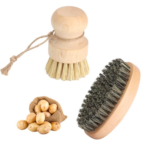 2 Stück Naturholz Küchenbürste Set Topfbürste Spülbürste Champignonbürste Kartoffelbürste Anti-Schimmel & schnell trocknend nachhaltige Spülbürste Holz für Küche Töpfe Gemüse & Obst