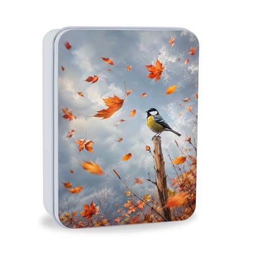 Image of Decorative Metal Tin Box with Lid,Birds Flying Autumn Organizer