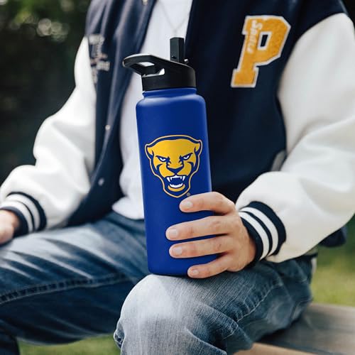 Image of Logo Brands NCAA Pittsburgh Panthers 34 oz Stainless Steel Quencher Bottle - Team Color, Straw Included, No-Spill Lid, Easy Carry Handle - Keeps Drinks Cold For Hours