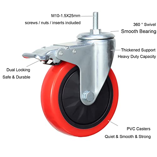 Image of Heavy Duty Stem Caster Wheels M10-1.5X25mm Dual Locking No Noise PVC Threaded Stem Caster Wheels Pack of 4 for Workbench, Dolly, Furniture (5 Inch, Red)