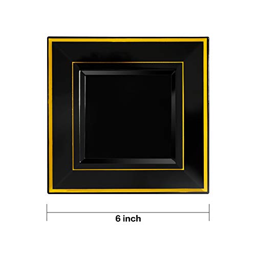 Bucla 100Pcs Black Square Plastic Plates With Gold Rim-6Inch Disposable Cake Plates- Premium Hard Square Small Appetizer Plates For New Year/Wedding/Party #TOP1