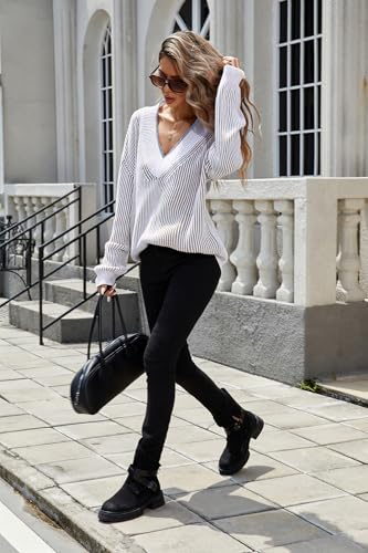 Image of Cakulo Womens Fall 2025 Oversized Striped V Neck Sweaters Long Sleeve Knit Color Block Trendy Pullover Sweater Top