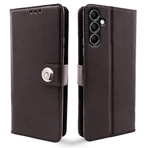Image of Pikkme Samsung Galaxy M14 5G Flip Cover Leather Finish | Inside TPU with Card Pockets | Wallet Stand and Shock Proof | Complete Protection Button Flip Case (Coffee)