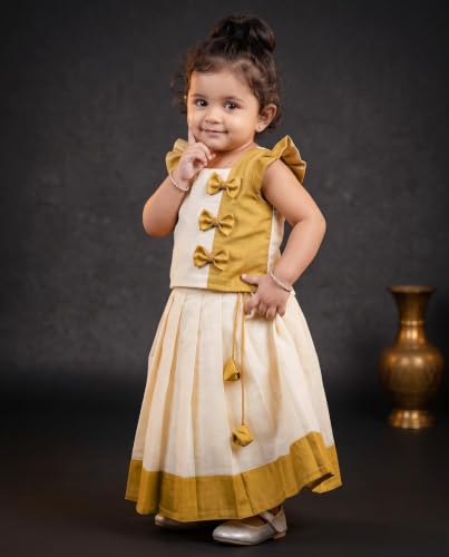 Image of Stanwells Kids Baby Girl Dress Cream Gold Pattu Pavadai Cotton Silk Lehenga Choli Kerala Kasavu South Indian Onam Festival Traditional Ethnic Wear