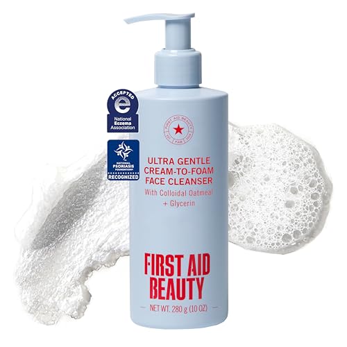 First Aid Beauty Ultra Gentle Cream-to-Foam Facial Cleanser Fragrance Free Makeup Removing Face Wash with Colloidal Oatmeal & Glycerin Sensitive & Acne-Prone Skin 10 oz