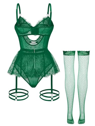 Image of Foxiny Sexy Lingerie Set 3 Piece Women Corset Bodysuit | Sheer Mesh Lace Push-Up Underwire Heart Garter Stocking Plus Size Curvy Exotic Costume Halloween Christmas Valentine's Day