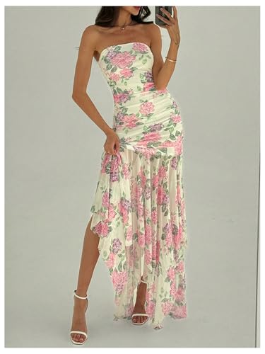 Image of Floerns Tube Tops Dress for Women Asymmetrical Stretch Sexy Ruched Long Bodycon Cocktail Evening Wedding Guest Dress