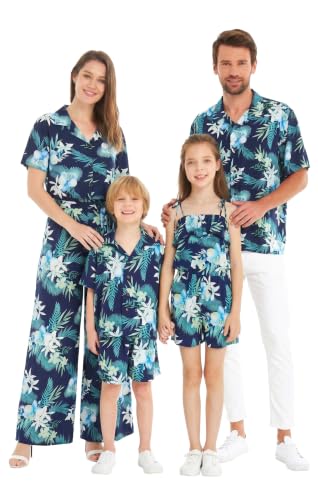 Image of Family Matching Hawaiian Clothes, Orchid Breeze Navy | Lightweight 100% rayon • Family matching outfits • Beach vacations • Luaus • Cruises • Family photos