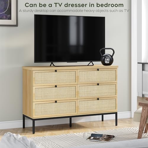 Modern 6 Drawer Dresser with Natural Rattan Drawers, Industrial Wood Double Dresser for Bedroom with Sturdy Steel Legs, Closet Storage Dressers Organizer TV Stand Dresser for Living Room Hallway