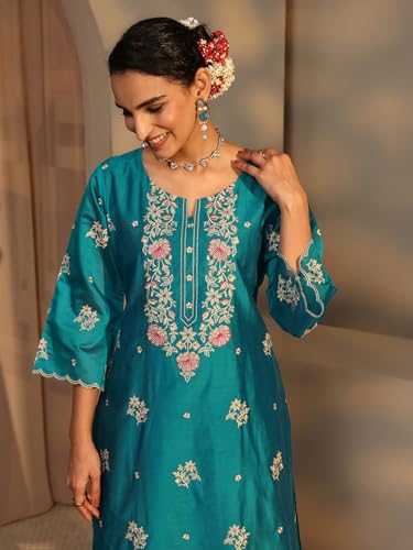 Image of Libas Art Embroidered Silk Blend Straight Kurta With Trousers and Dupatta | ethnic wear | bridal suit | wedding dress | occasion wear