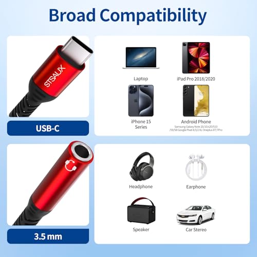 Image of USB Type C to 3.5mm Female Headphone Jack Adapter, Type C to Aux 2 Pack | USB C to Aux Audio Dongle Cable Cord Compatible with iPhone 17 /16 /15 /Pro /Pro Max, Samsung Galaxy S24 /S23 /S22 Ultra, iPad Red