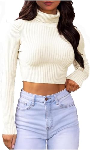 FSXtyle Women's Ribbed Polo Roll Neck Crop Top – Soft Knitted High Neck Long Sleeve Jumper, Stretch Cropped Sweater for Winter, Size 8-14 (UK, Numeric, 8, 10, Regular, Regular, Cream)